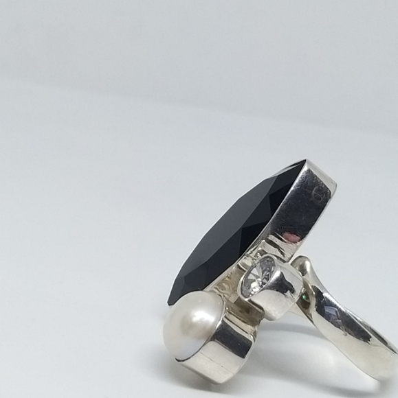 .925 Silver ring marquise cut cristal round zircon & faux pearl - Picture 3 of 6